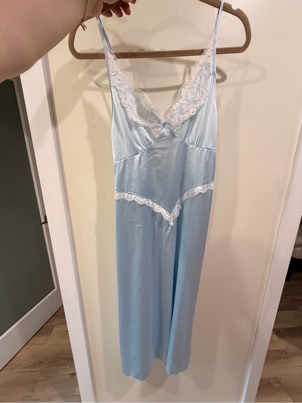 Light Blue Lace-Trim Midi Slip Dress